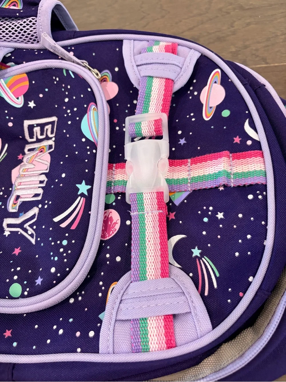 “Emily” SMALL PBK backpack, 15”, purple rainbow heart galaxy. USED
